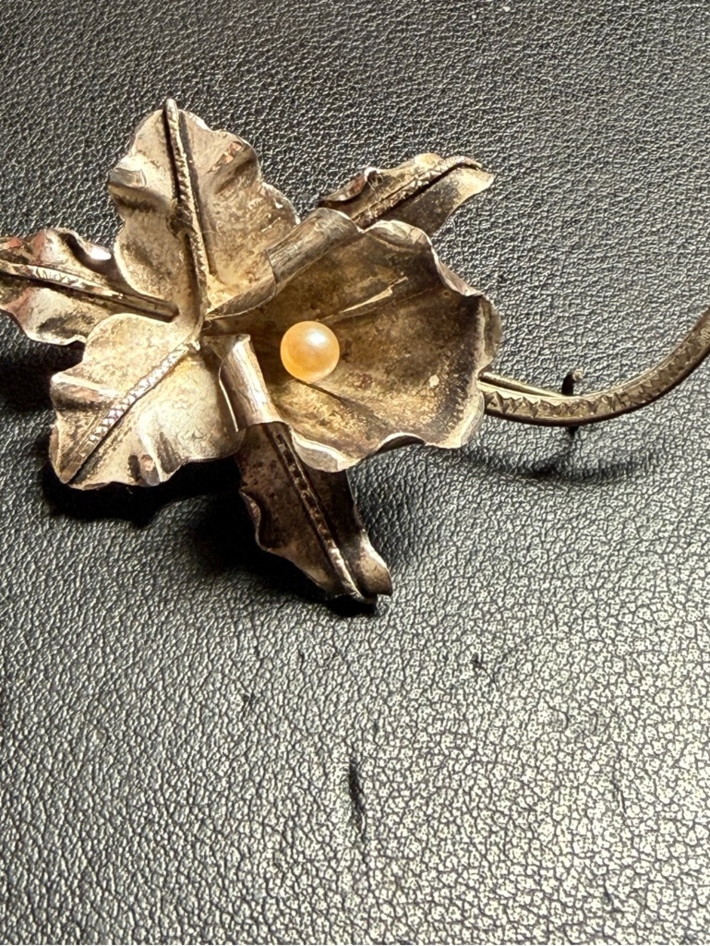 Retro 1930s Sterling Silver Orchid with Pearl 3D Brooch C Clasp 2 3/8" 6 gr